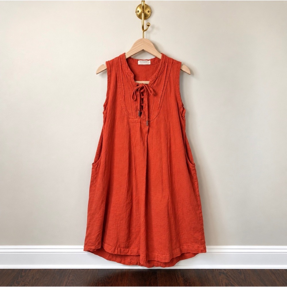 4our Dreamers Burnt Orange Linen Blend Lace Up Sleeveless Tunic Dress Small